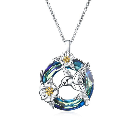 Sterling Silver & Blue Crystal Hummingbird Necklace with Gift Bag
