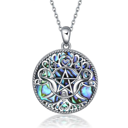 Sterling Silver Triple Moon Goddess Pentagram Necklace with Gift Box