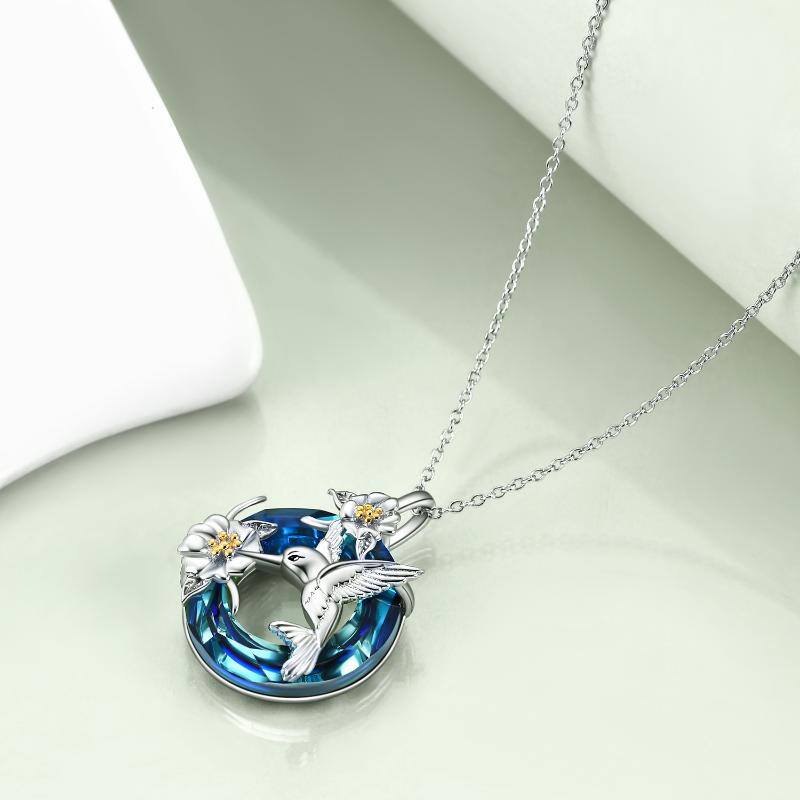 Sterling Silver & Blue Crystal Hummingbird Necklace with Gift Bag