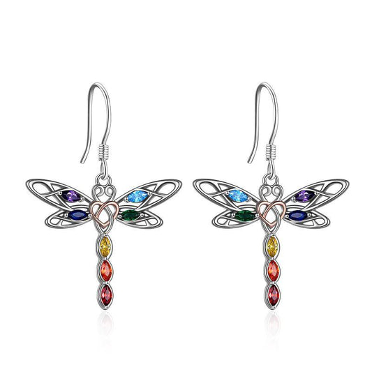 Sterling Silver Dragonfly 7 Chakra Stones Celtic Style Earrings with Gift Box