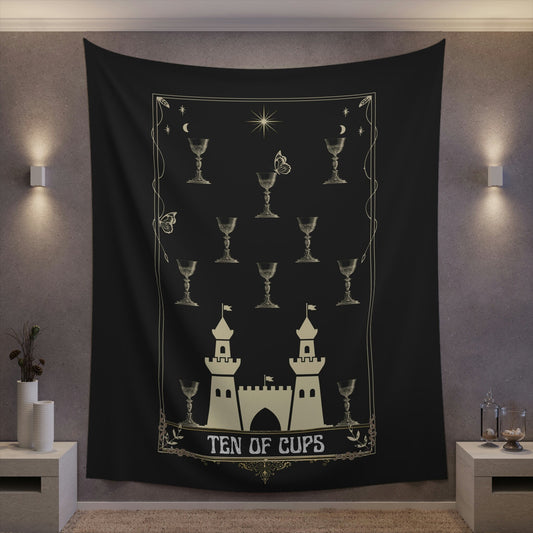 Ten of Cups, Minor Arcana Tarot Card, Gothic Tapestry | 100% Polyester Microfiber Wall Drapery with Hems on All Sides